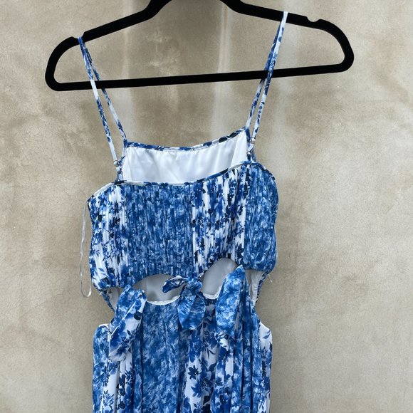 Amur Holland Tie Pleated Chiffon Maxi Spaghetti Strap Dress Blue Floral Print - Picture 12 of 13